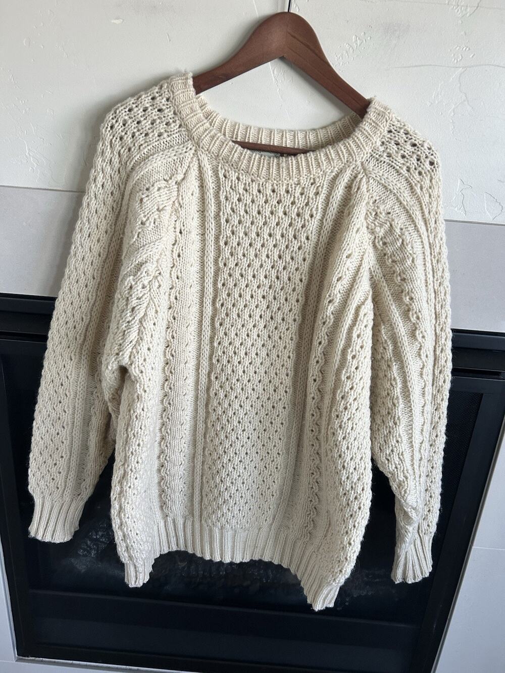 Gaeltarra Fisherman Sweater Mens M L 44 Cream Wool Cable Hand Knit Made Ireland